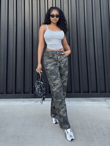 Alexandranx Women's Camouflage Pattern Elastic Waistband Winter Jeans Party Streetwear Jeans - Army Green - View 4