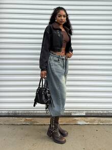 Alexandranx Women's Autumn Drop Shoulder Sherpa Collar Zip Front Casual Loose Denim Jacket - Black - View 4
