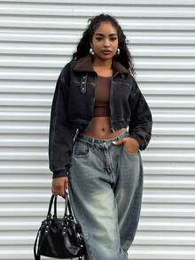 Alexandranx Women's Autumn Drop Shoulder Sherpa Collar Zip Front Casual Loose Denim Jacket - Black - View 3