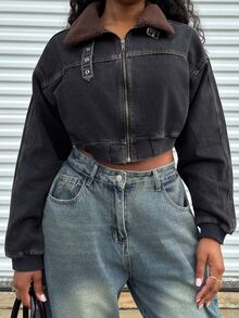 Alexandranx Women's Autumn Drop Shoulder Sherpa Collar Zip Front Casual Loose Denim Jacket - Black - View 6
