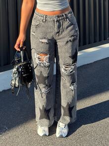 Alexandranx Women's Y2K High Waist Distressed Ripped Wide Leg Jeans, Star Patchwork Black Denim Pants Casual Party Summer Outfits Loose Fit With Pockets & Pattern ,Petite Women - Black - View 6