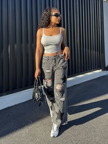 Alexandranx Women's Y2K High Waist Distressed Ripped Wide Leg Jeans, Star Patchwork Black Denim Pants Casual Party Summer Outfits Loose Fit With Pockets & Pattern ,Petite Women - Black - View 4