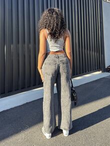 Alexandranx Women's Y2K High Waist Distressed Ripped Wide Leg Jeans, Star Patchwork Black Denim Pants Casual Party Summer Outfits Loose Fit With Pockets & Pattern ,Petite Women - Black - View 3