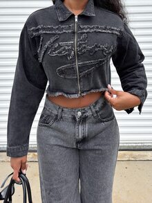 Alexandranx Women's Y2k Clothes Vintage Front Zipper Long Sleeve Fringe Hem Casual Denim Winter Fall Jacket,For Daily Wear - Black - View 5