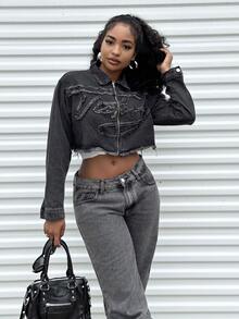 Alexandranx Women's Y2k Clothes Vintage Front Zipper Long Sleeve Fringe Hem Casual Denim Winter Fall Jacket,For Daily Wear - Black - View 6