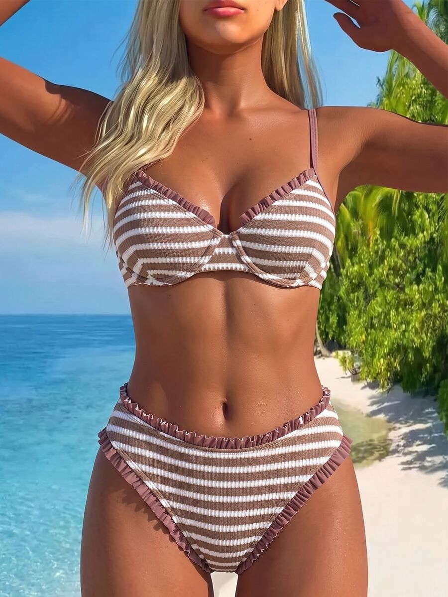 SHEIN Swim 1件女款性感休閒沙灘泳衣,特殊面料,鋼圈支撐,隨機方向印花,兩件式 - 彩色 - 查看 1