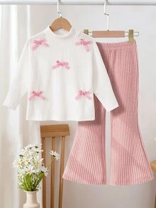 SHEIN 女童兩件套長袖高領套頭T恤搭配白色微喇褲，淑女風日常穿搭，7歲生日秋季嬰兒棕色冬季套裝 - 白色 - 查看 5