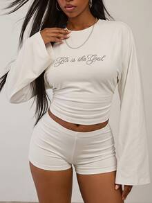 Eshe Glo White Sparkling Rhinestone Bell-Sleeve Top And Low-Rise Shorts / Casual Set / White Set / Sparkly Set/Going Out Set/Fall Sets/Women Lounge Set/ - White - View 7