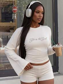 Eshe Glo White Sparkling Rhinestone Bell-Sleeve Top And Low-Rise Shorts / Casual Set / White Set / Sparkly Set/Going Out Set/Fall Sets/Women Lounge Set/ - White - View 2