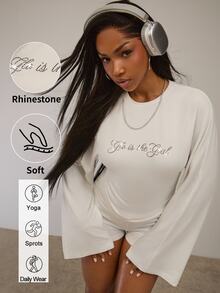 Eshe Glo White Sparkling Rhinestone Bell-Sleeve Top And Low-Rise Shorts / Casual Set / White Set / Sparkly Set/Going Out Set/Fall Sets/Women Lounge Set/ - White - View 6