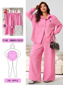 Solflare Pastel Pink,Summer,Casual,Everyday Loose Embroidered Horse Design Shirt + Pants Set,Plus Size Multi-Occasion Streetwear,Vacation,Commuting Homewear - Pink - View 1