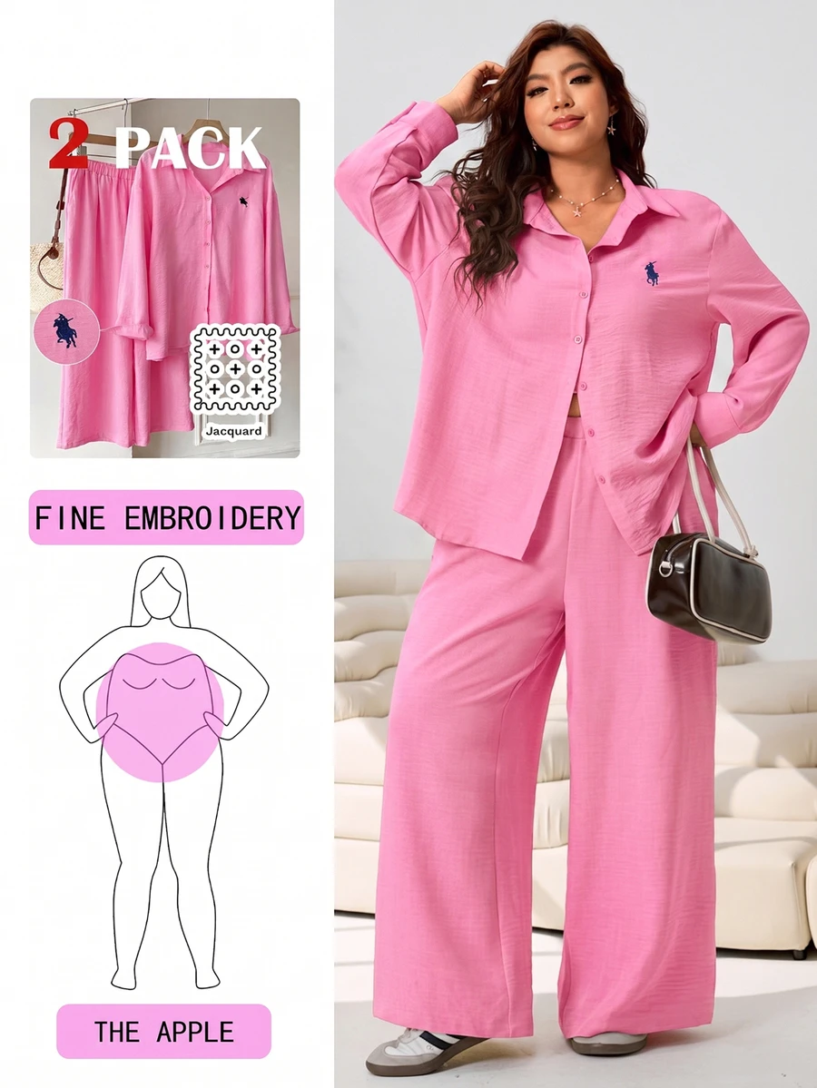 Solflare Pastel Pink,Summer,Casual,Everyday Loose Embroidered Horse Design Shirt + Pants Set,Plus Size Multi-Occasion Streetwear,Vacation,Commuting Homewear - Pink - View 1
