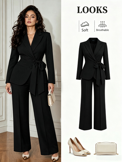 GlowEve CURVE Plus Size Minimalist Commuter Mandarin Collar Ruffle Hem Blazer And Pants Suit Set, Autumn