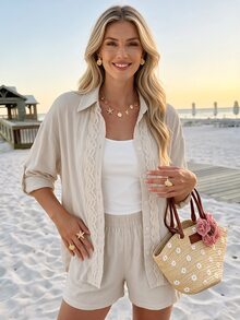 Sylviya Casual Women's 100% Cotton Autumn/Winter Lace Long Sleeve & Shorts 2 Pieces Set Fall Clothes For Women Women Fall/Winter Sets Social Set - Khaki - View 5