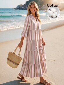 Sylviya 休閒熱帶波西米亞風女款秋冬棉質粉色與白色條紋長袖洋裝 2026秋季服飾 海灘度假 - 彩色 - 查看 3