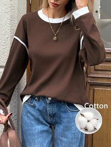 SHEIN LUNE 休閒女款秋冬棉質長袖棕色套頭運動衫 秋季女裝 冬季女裝 棕色上衣 - 棕色 - 查看 5