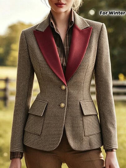 SHEIN Women's Vintage Velvet Houndstooth Lapel Single-Breasted Blazer, Contrast Color Design, Versatile Jacket For Spring, Autumn, Winter, Suitable For Office, Commuting And Other Occasions