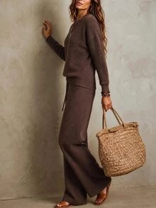 SHEIN Minimalist Commuter Knit Set, Dropped Shoulder Long Sleeve Top & High Waist Straight Wide Leg Pants - Brown - View 4