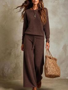 SHEIN Minimalist Commuter Knit Set, Dropped Shoulder Long Sleeve Top & High Waist Straight Wide Leg Pants - Brown - View 5