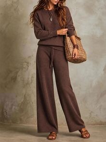 SHEIN Minimalist Commuter Knit Set, Dropped Shoulder Long Sleeve Top & High Waist Straight Wide Leg Pants - Brown - View 7