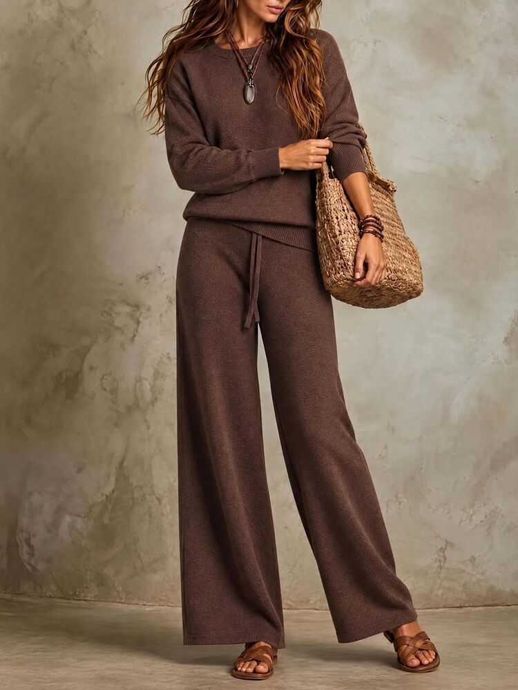 SHEIN Minimalist Commuter Knit Set, Dropped Shoulder Long Sleeve Top & High Waist Straight Wide Leg Pants - Brown - View 6