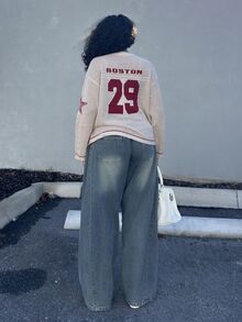 Alexandranx 男女情侣同款针织条纹数字印花超大针织罩衫，秋冬季跨年/情人节 - 卡其色 - 查看 2