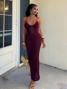 Alexandranx 钩针编织露背吊带束身胸衣拼接系带长裙，夏季度假性感伊比沙岛风情，适合春季海滩度假，优雅透视女神夜生活，冬季约会之夜时尚毛衣，春夏度假 - 酒紅色 - 查看 4