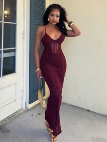 Alexandranx 钩针编织露背吊带束身胸衣拼接系带长裙，夏季度假性感伊比沙岛风情，适合春季海滩度假，优雅透视女神夜生活，冬季约会之夜时尚毛衣，春夏度假 - 酒紅色 - 查看 3