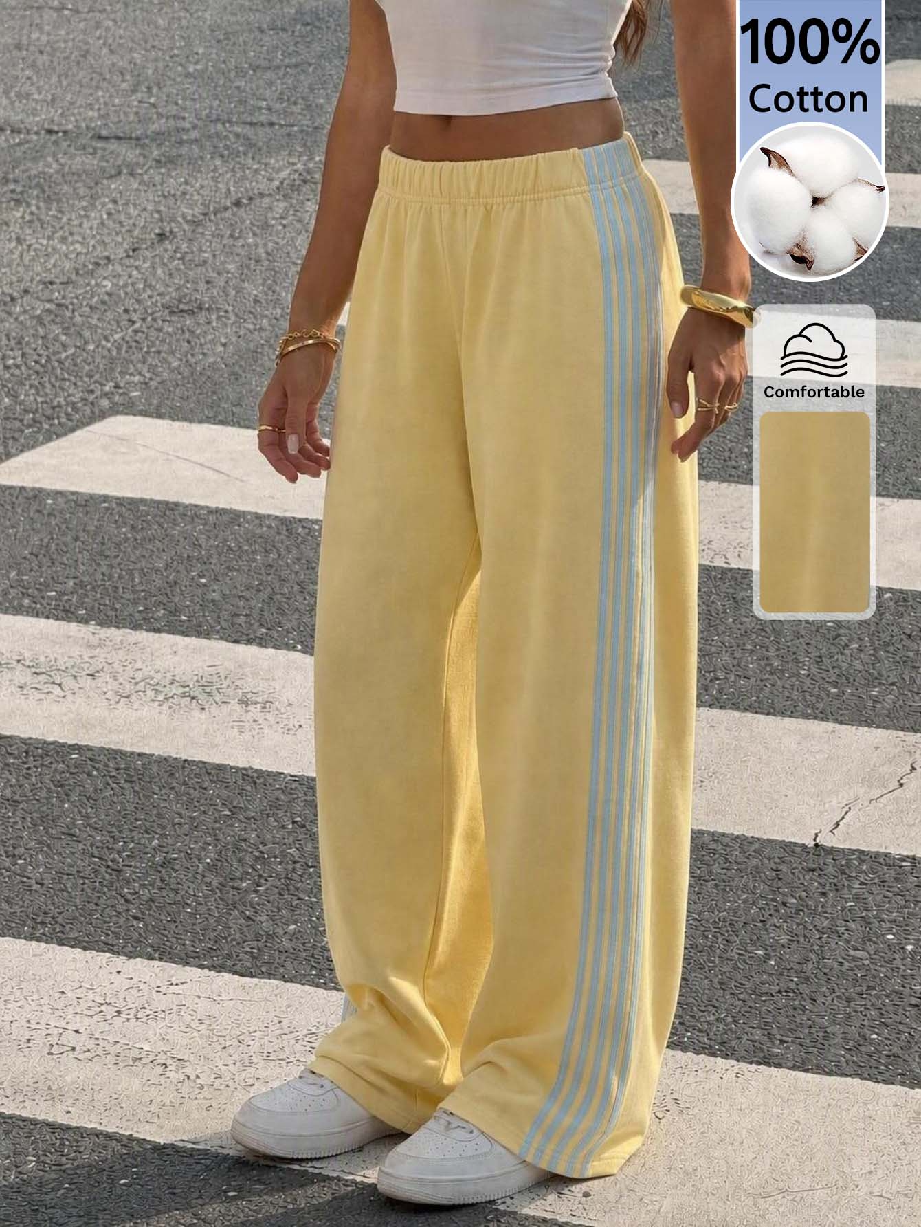 SHEIN Tall Women's Colorblock Casual Versatile Daily Wear Sweatpants - Pale Yellow - View 1