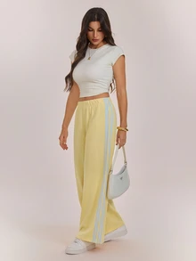 SHEIN Tall Women's Colorblock Casual Versatile Daily Wear Sweatpants - Pale Yellow - View 4
