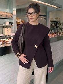 SHEIN BAE CURVE Mantel Musim Dingin Kasual Serbaguna untuk Wanita Ukuran Besar, Warna Polos, untuk Pemakaian Sehari-hari - Coffee Brown - View 1
