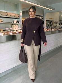 SHEIN BAE CURVE Mantel Musim Dingin Kasual Serbaguna untuk Wanita Ukuran Besar, Warna Polos, untuk Pemakaian Sehari-hari - Coffee Brown - View 2