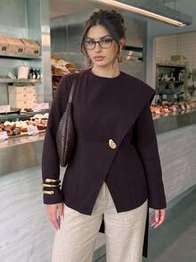 SHEIN BAE CURVE Mantel Musim Dingin Kasual Serbaguna untuk Wanita Ukuran Besar, Warna Polos, untuk Pemakaian Sehari-hari - Coffee Brown - View 3