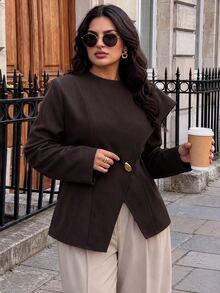 SHEIN BAE CURVE Mantel Musim Dingin Kasual Serbaguna untuk Wanita Ukuran Besar, Warna Polos, untuk Pemakaian Sehari-hari - Coffee Brown - View 5