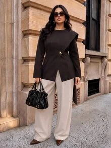 SHEIN BAE CURVE Mantel Musim Dingin Kasual Serbaguna untuk Wanita Ukuran Besar, Warna Polos, untuk Pemakaian Sehari-hari - Coffee Brown - View 4