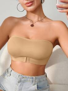 SHEIN Women's Front Button Single Layer Tube Bra Wireless, 1pc - Khaki - View 3