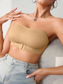 SHEIN Women's Front Button Single Layer Tube Bra Wireless, 1pc - Khaki - View 7