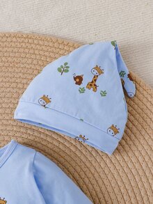 SHEIN Newborn Baby Giraffe Print Long Sleeve Single-Breasted Top And Pants Set - Baby Blue - View 7
