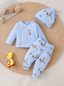 SHEIN Newborn Baby Giraffe Print Long Sleeve Single-Breasted Top And Pants Set - Baby Blue - View 3