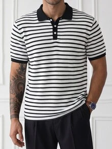 HUEFORM 男士條紋拼色休閒日常短袖 Polo 衫 - 黑與白 - 查看 3
