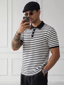HUEFORM 男士條紋拼色休閒日常短袖 Polo 衫 - 黑與白 - 查看 1