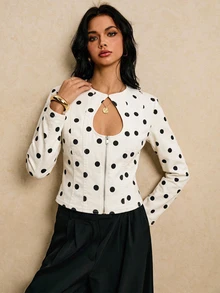 SHEIN EZwear Women's Fashion Hollow Neck Short Zip-Up Polka Dot Denim Top - White - View 2