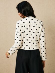 SHEIN EZwear Women's Fashion Hollow Neck Short Zip-Up Polka Dot Denim Top - White - View 3