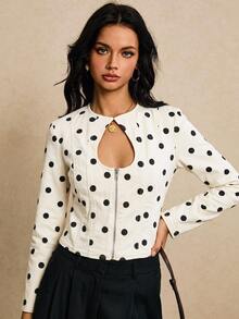 SHEIN EZwear Women's Fashion Hollow Neck Short Zip-Up Polka Dot Denim Top - White - View 5