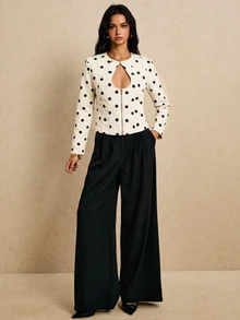 SHEIN EZwear Women's Fashion Hollow Neck Short Zip-Up Polka Dot Denim Top - White - View 4
