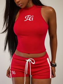 SHEIN BAE Women Red & White Colorblock Top & Shorts Set / Colorblock Set / Sports Outfit / Casual Wear Set / 2 Pieces Women Set / Tracksuit Set Women / Red Outfit / Shorts Set - Red - View 1