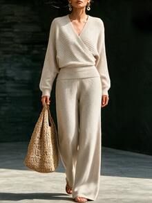 SHEIN New Oat Knit Two Pieces Set, Korean Gentle Style Loungewear - Apricot - View 1