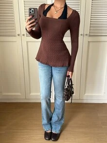 Siren Gaze 女款純色休閒優雅百搭日常長袖針織衫 咖啡棕色 秋冬早午餐穿搭 - 棕色 - 查看 3