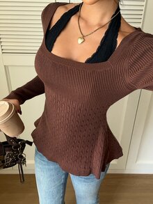 Siren Gaze 女款純色休閒優雅百搭日常長袖針織衫 咖啡棕色 秋冬早午餐穿搭 - 棕色 - 查看 4