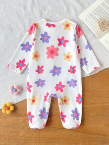 SHEIN 5件組隨機1件新生女嬰連身衣套裝 白色深紫色粉紅色玫瑰紅 秋冬款 柔軟舒適薄款 精緻可愛貓頭花朵愛心星星滿版印花 休閒簡約 拉鍊長袖連腳連身衣居家穿著 - 彩色 - 查看 3